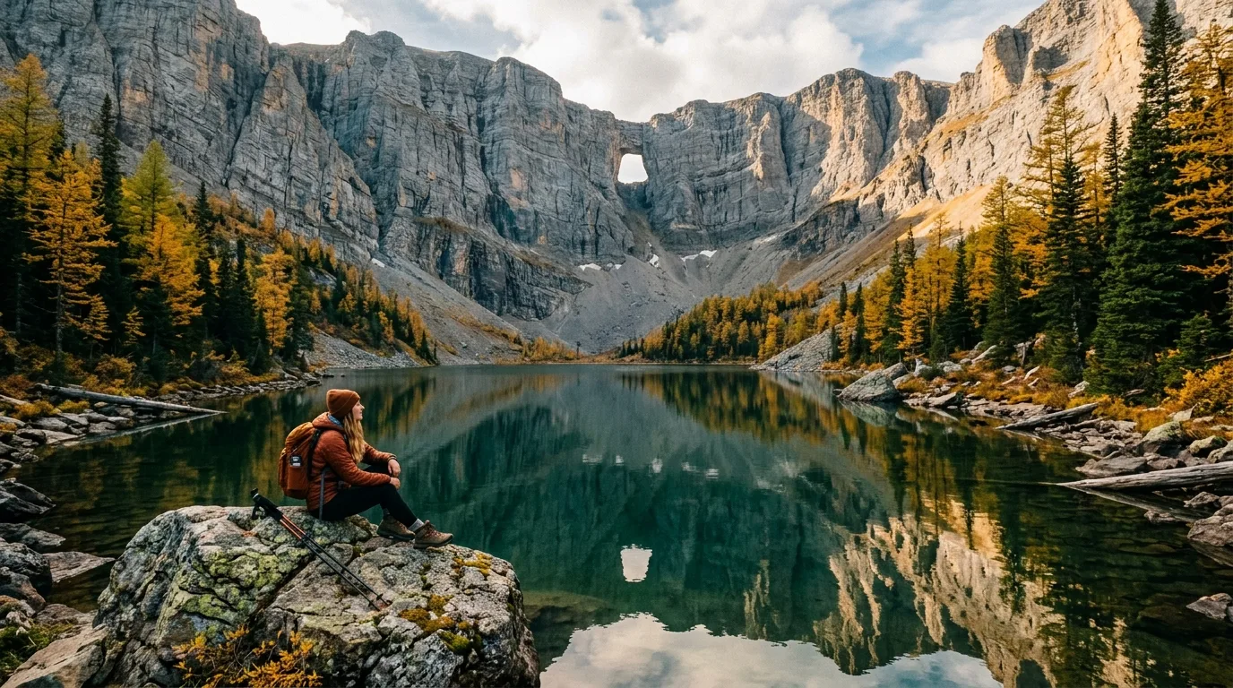 Emerald alpine lake beneath limestone cliffs with a notch in the ridge above, Window Mountain Lake