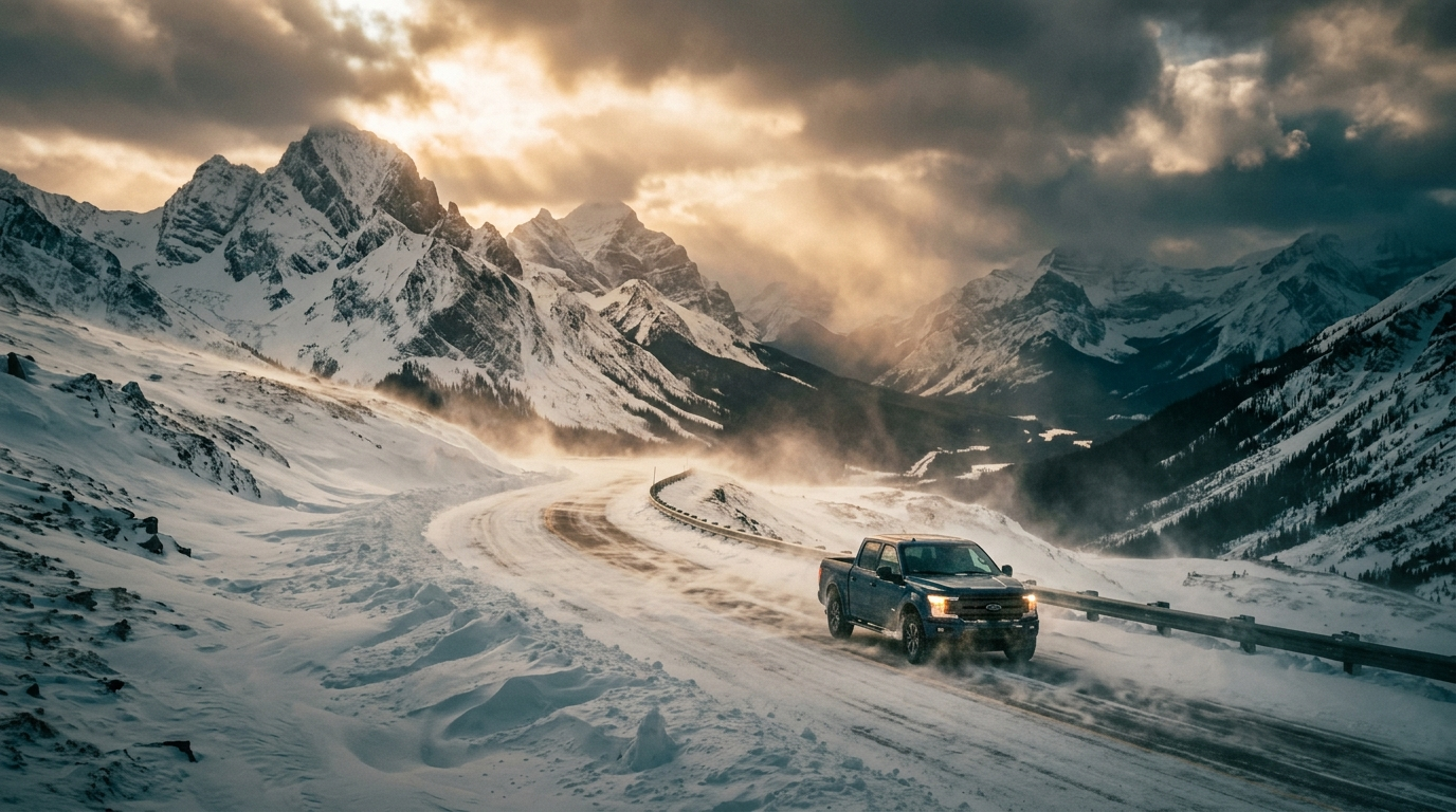 Blowing snow streaming sideways across a winter mountain highway with a lone pickup, wind-sculpted drifts