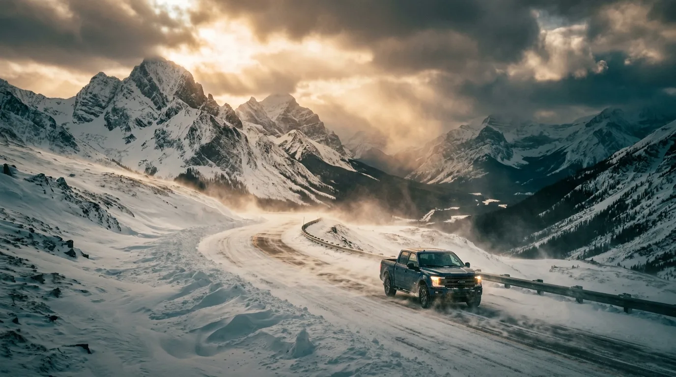Blowing snow streaming sideways across a winter mountain highway with a lone pickup, wind-sculpted drifts