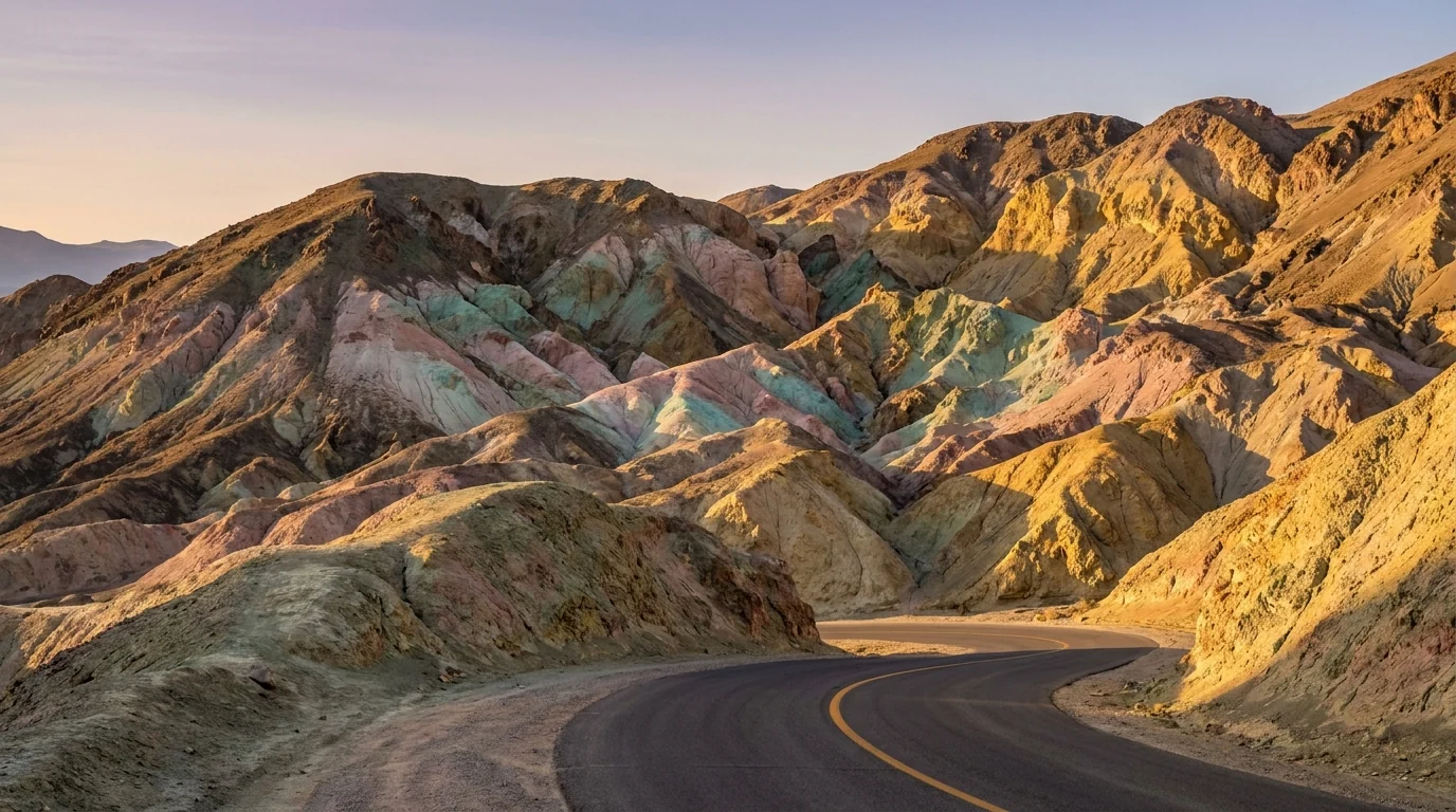 A hillside washed in surreal bands of green, pink, teal and gold mineral color under soft desert light, a paved scenic road curving below, Artists Palette on Artists Drive Death Valley California, ultrarealistic photograph representative of the region