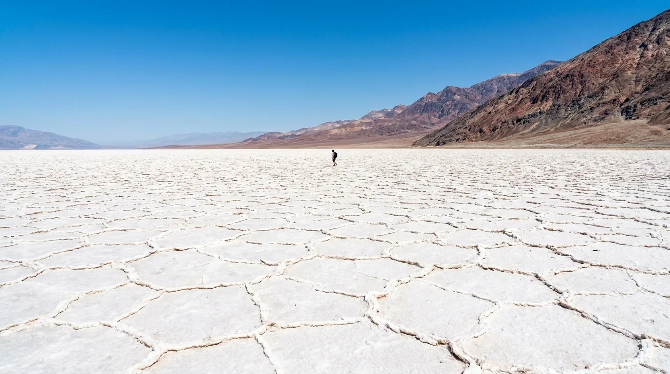 A vast flat expanse of white hexagonal salt-crust polygons stretching to a bare brown mountain wall under a hard bright sky, a lone figure tiny on the salt for scale, Badwater Basin Death Valley California, ultrarealistic photograph representative of the region