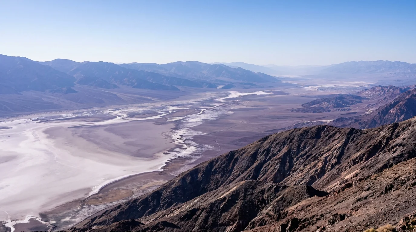 A high dark ridgeline overlook gazing down thousands of feet onto a pale ribbon of salt flats winding along a vast desert basin floor far below, layered ranges fading into haze, Dante's View Death Valley California, ultrarealistic photograph representative of the region