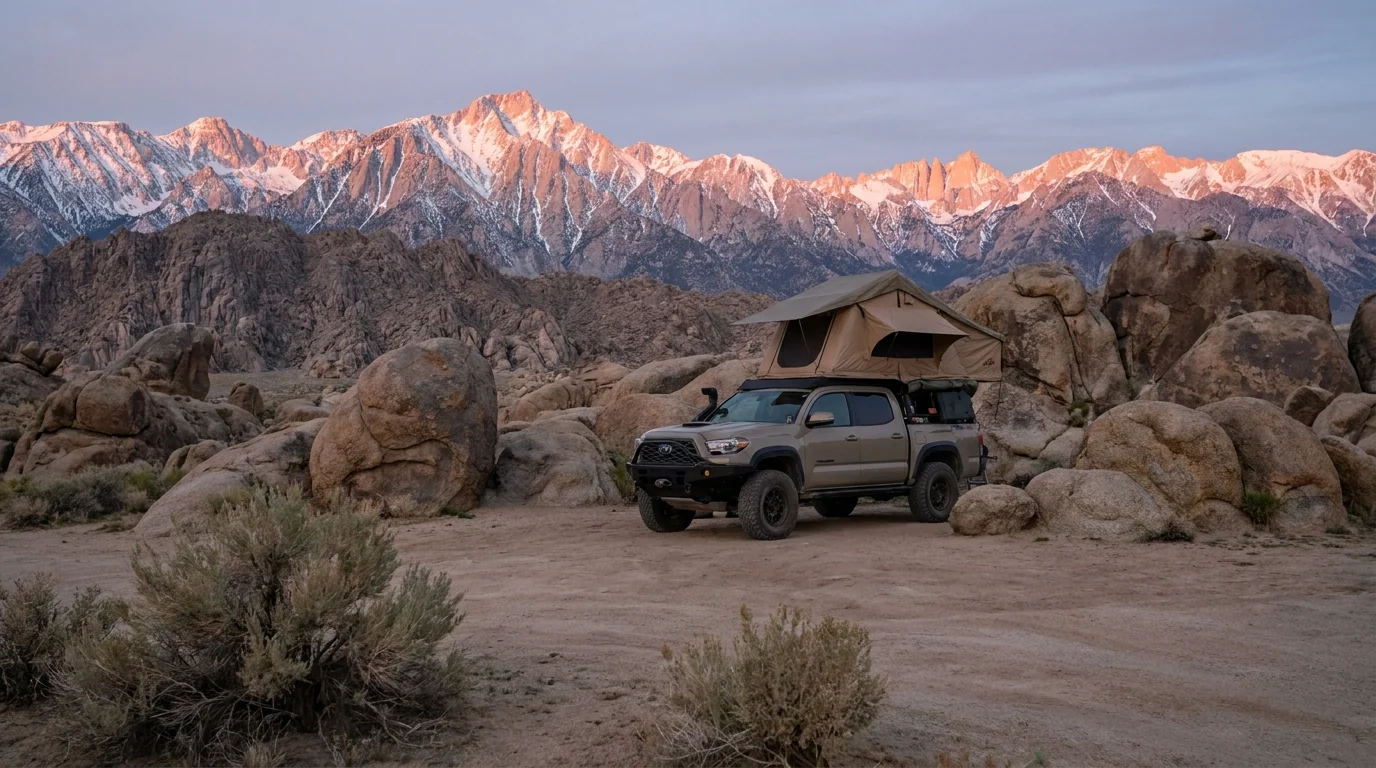 An overland rig with a rooftop tent parked among rounded granite boulders on bare dirt at dusk, a jagged snow-streaked Sierra wall glowing pink behind, no other campers in sight, dispersed camp in the Alabama Hills near Lone Pine California, ultrarealistic photograph representative of the region