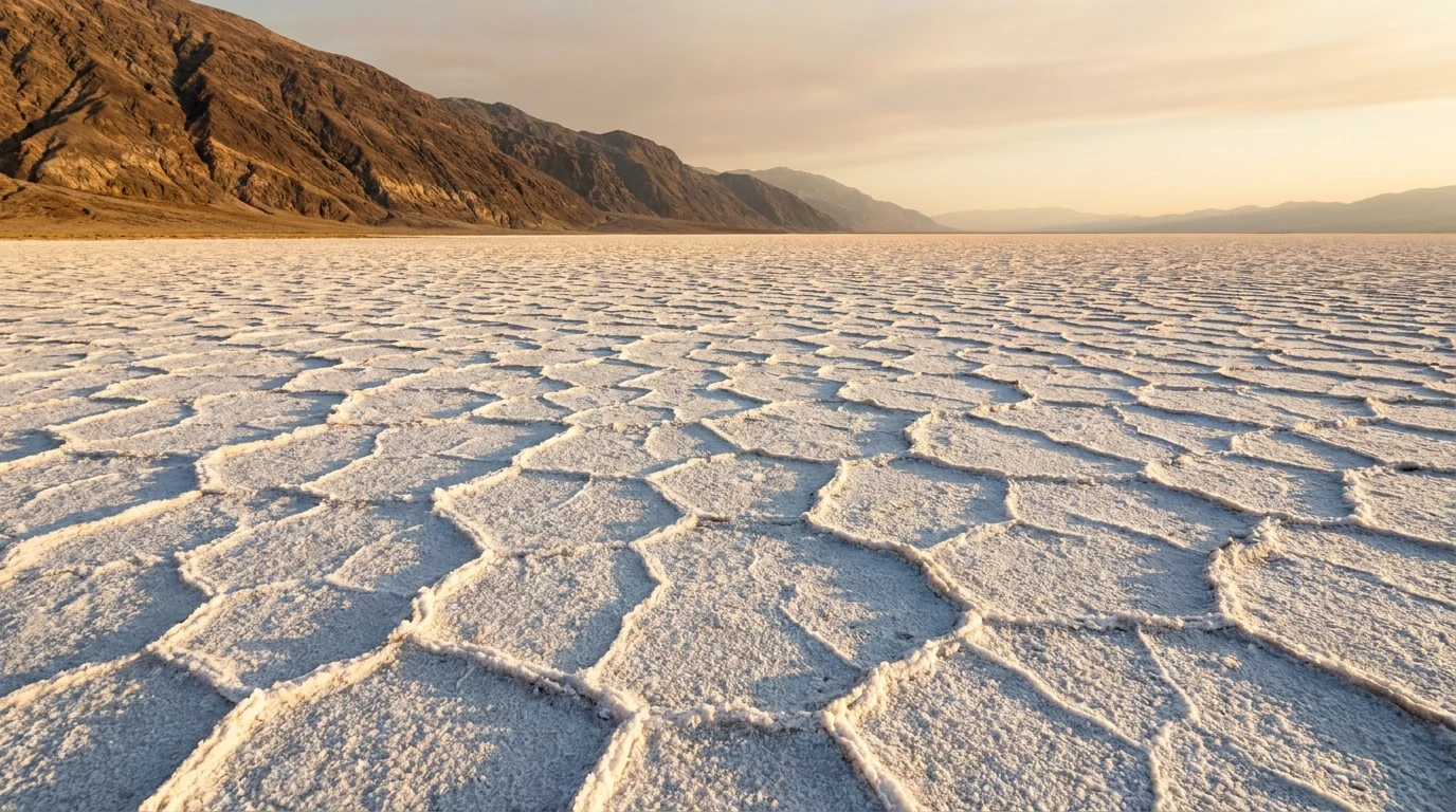 Cracked white salt-polygon flats stretching across a vast basin toward a bare desert mountain range under warm low sunrise light, Badwater Basin Death Valley California, ultrarealistic photograph representative of the region