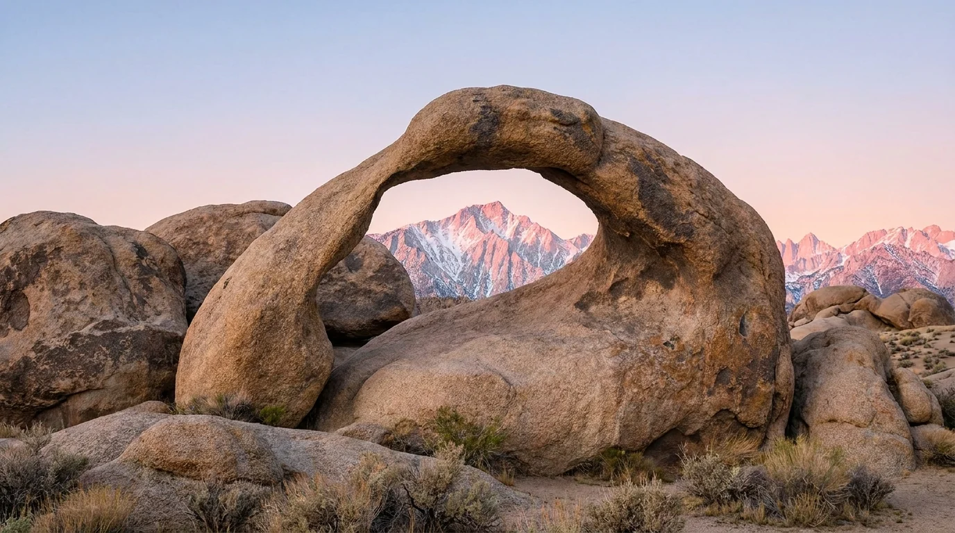 A rounded granite arch framing a snow-streaked jagged Sierra Nevada peak at dawn, weathered rounded boulders scattered across a high desert plain, Mobius Arch in the Alabama Hills near Lone Pine California, ultrarealistic photograph representative of the region