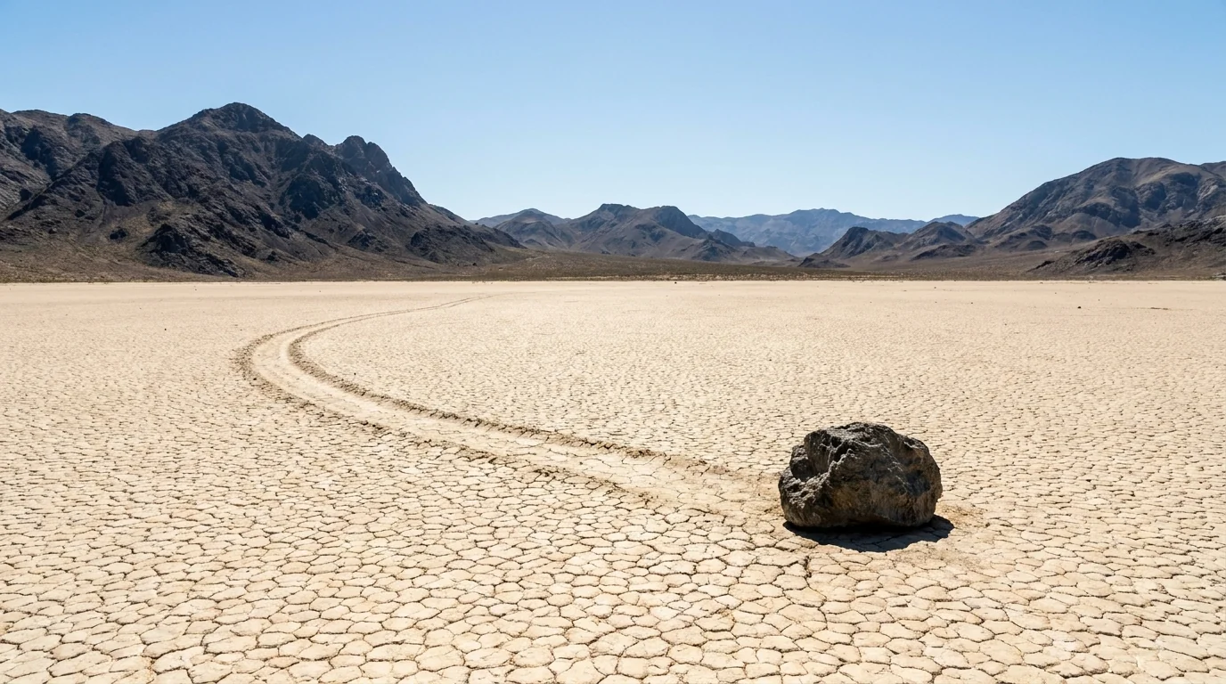 A cracked flat dry lakebed of pale mud tiles with a single rock at the end of a long shallow track it appears to have carved, distant dark mountains under clear desert light, the Racetrack Playa Death Valley California, ultrarealistic photograph representative of the region