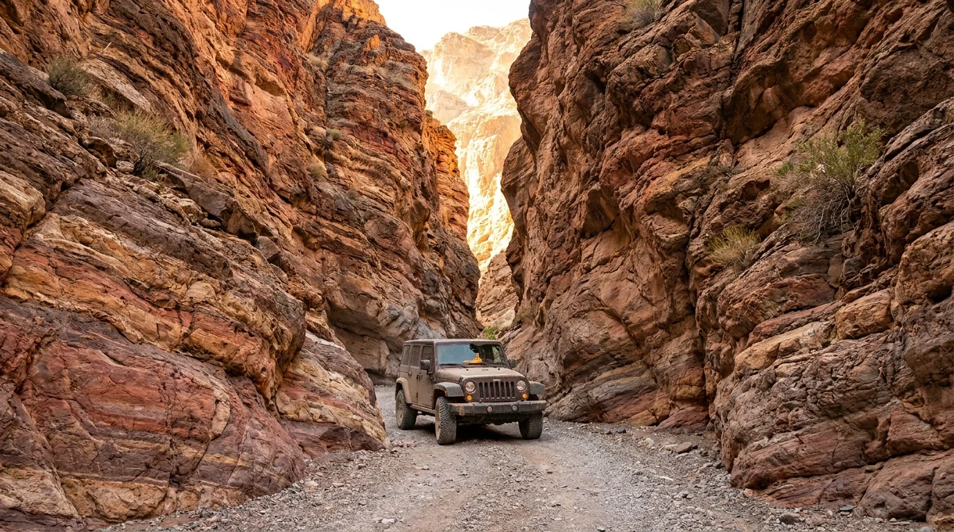 A narrow one-way gravel road threading between towering banded canyon walls that nearly close overhead, a single high-clearance vehicle dwarfed by the rock, dry desert light, Titus Canyon Death Valley California, ultrarealistic photograph representative of the region