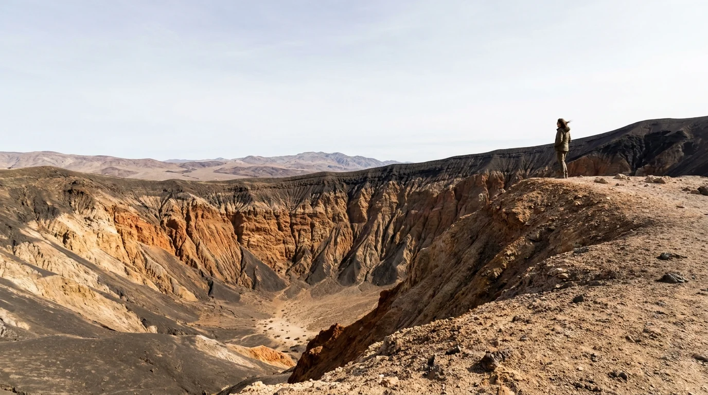 A huge dark volcanic explosion crater with steeply eroded orange and black rim walls dropping to a distant floor, bare desert ridges beyond under a wide sky, Ubehebe Crater Death Valley California, ultrarealistic photograph representative of the region