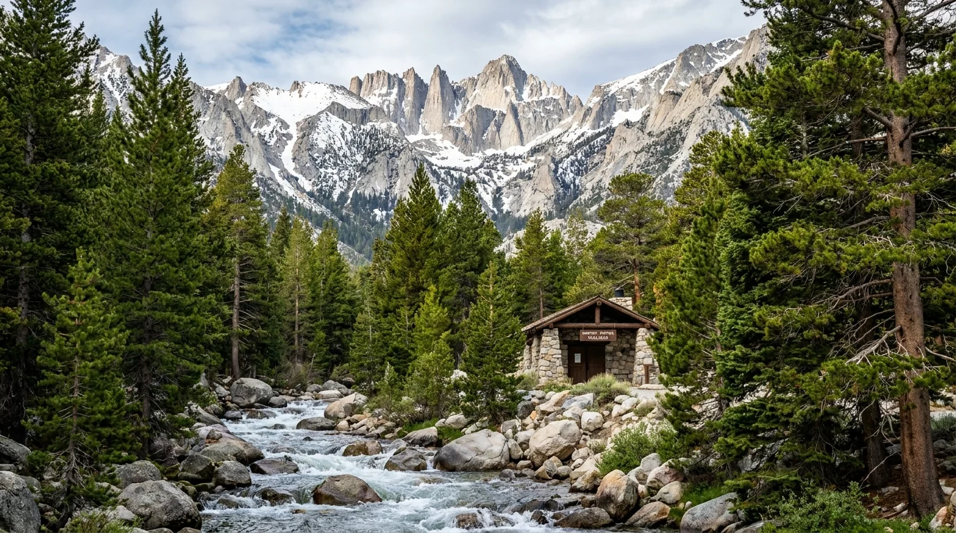 A rushing granite-lined creek and pine forest below a towering wall of jagged snow-streaked Sierra Nevada peaks, a small stone-and-timber trailhead area, Whitney Portal above Lone Pine California, ultrarealistic photograph representative of the region