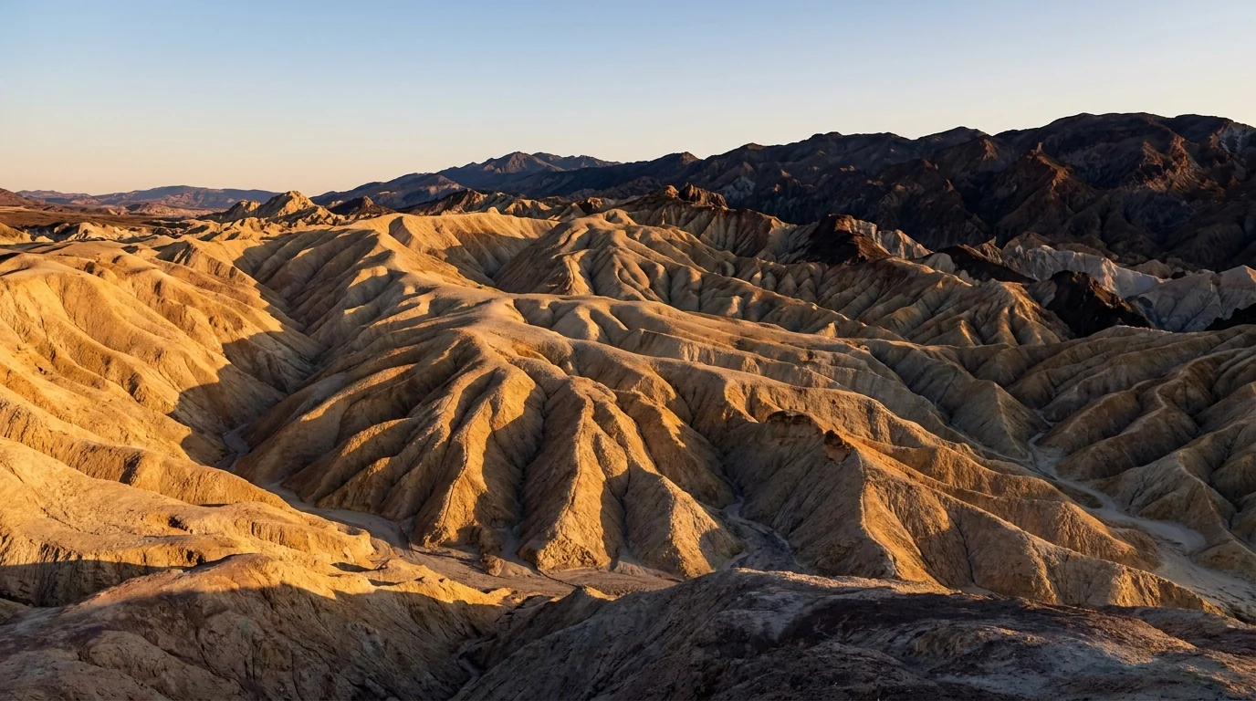 Intricately eroded golden-brown badland ridges and gullies glowing under low warm light with a dark distant mountain range behind, Zabriskie Point Death Valley California, ultrarealistic photograph representative of the region