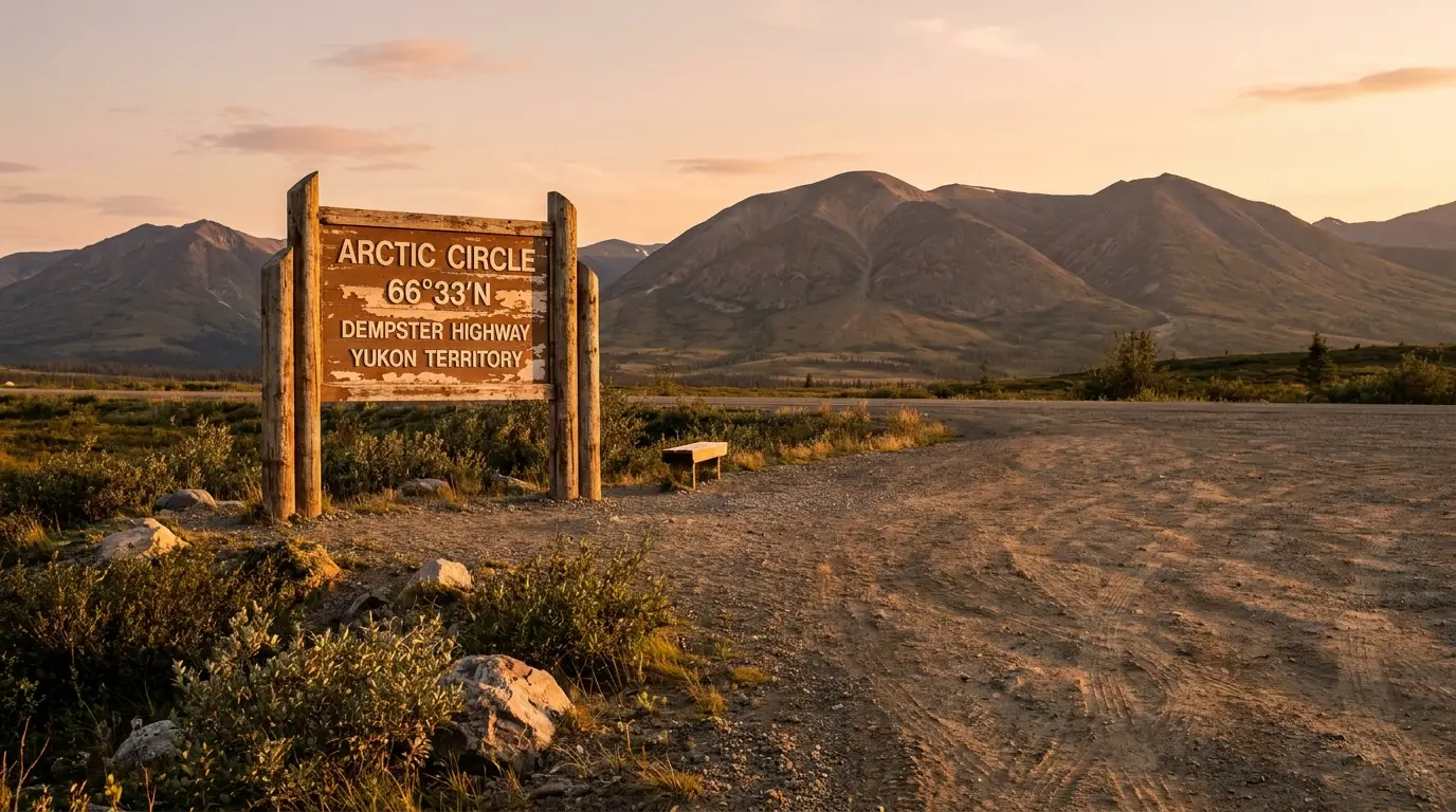 A weathered roadside interpretive sign marking the Arctic Circle beside a gravel highway pull-off on open tundra, low golden midnight-sun light raking across distant rounded mountains, remote and still, Dempster Highway Yukon, ultrarealistic photograph representative of the region