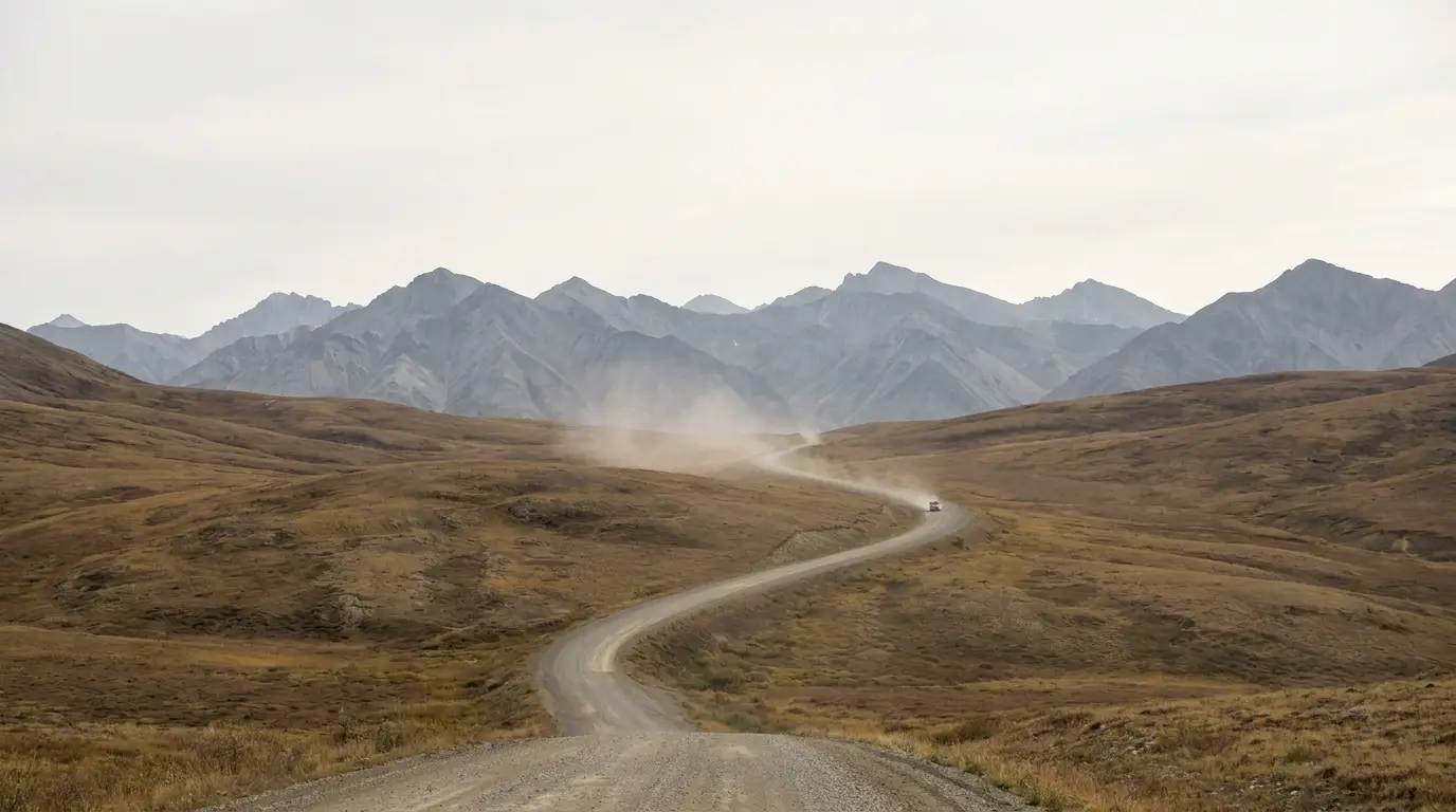 A lonely gravel highway curving away over open tundra hills toward the layered grey ridges of the Ogilvie Mountains, dust hanging faintly, vast empty subarctic landscape under a big pale sky, the Dempster Highway Yukon, ultrarealistic photograph representative of the region