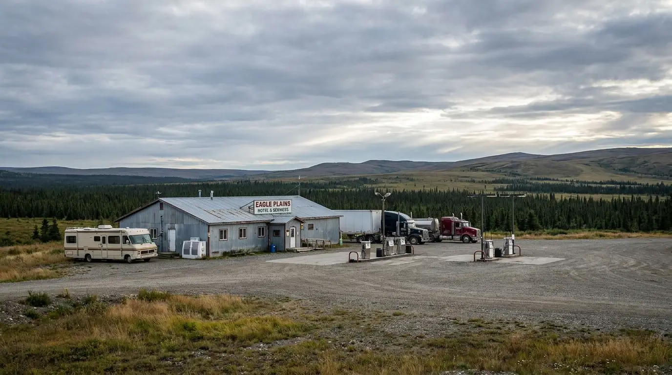 An isolated low hotel and service-station complex on a wide flat plateau surrounded by endless spruce taiga and distant hills, fuel pumps and a couple of trucks and an RV parked, big lonely northern sky, Eagle Plains Yukon, ultrarealistic photograph representative of the region