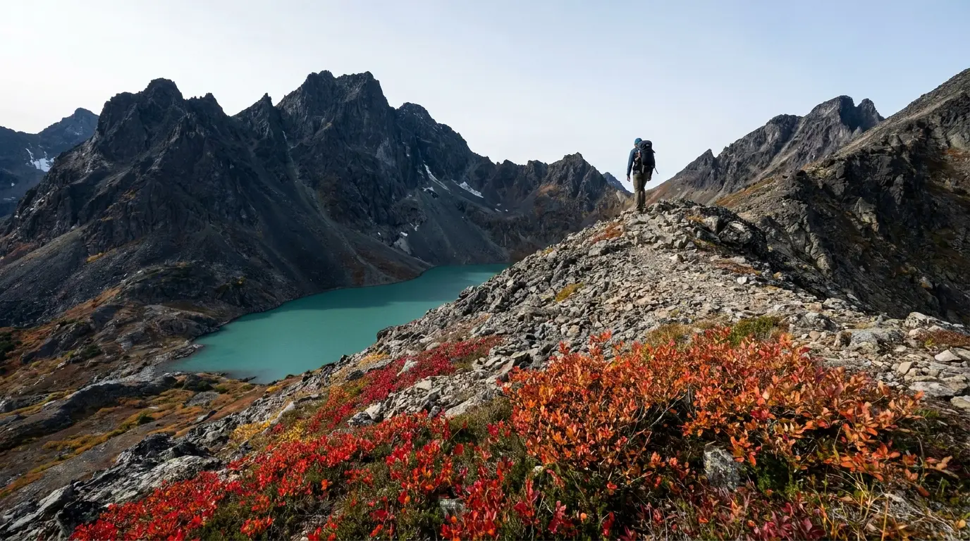 A hiker cresting a steep scree-and-tundra ridge with a turquoise glacial lake below cradled beneath sheer black granite peaks, dwarf birch turning crimson, cold clear northern light, Grizzly Lake in Tombstone Territorial Park Yukon, ultrarealistic photograph representative of the region