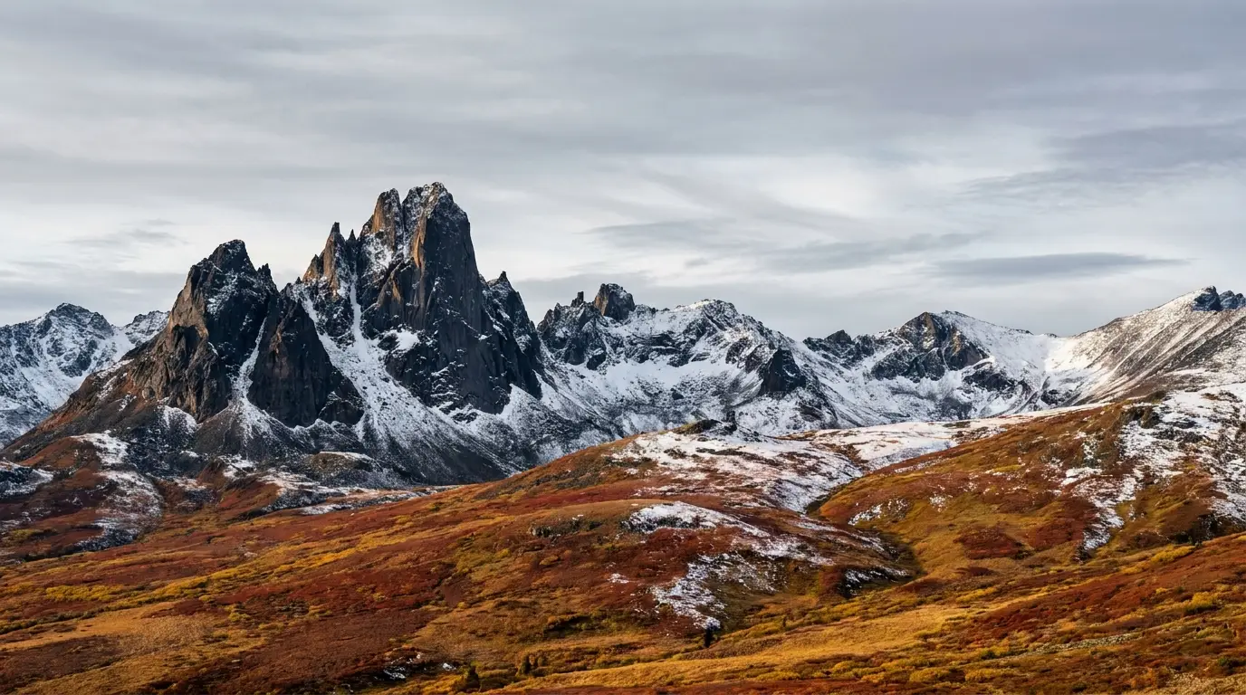 Jagged black granite peaks of the Tombstone Range rising above rolling autumn tundra glowing red and gold, patchy early snow on the summits under a wide subarctic sky, Tombstone Territorial Park Yukon, ultrarealistic photograph representative of the region