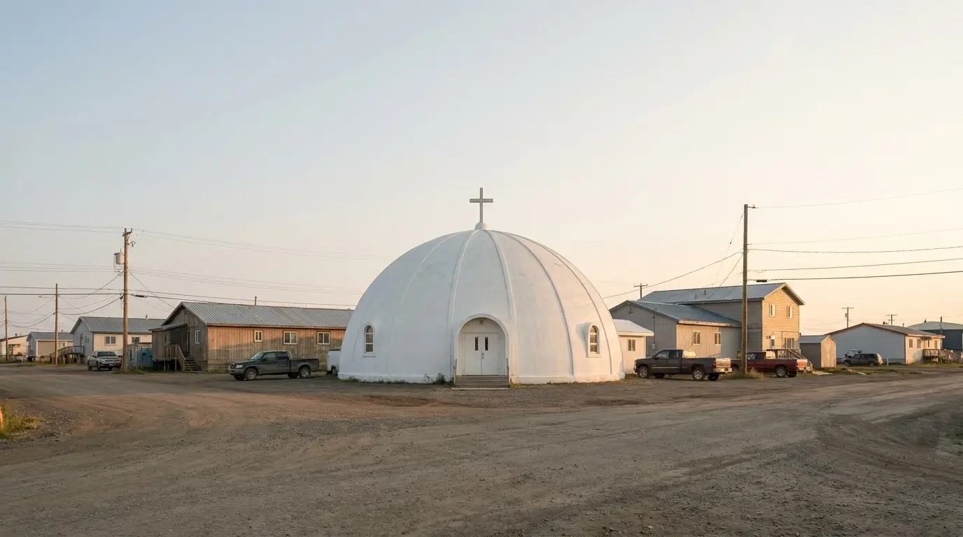 A distinctive white dome-shaped church built to resemble an igloo, standing among low northern-town buildings on a gravel street under a pale Arctic summer sky, the Igloo Church in Inuvik Northwest Territories, ultrarealistic photograph representative of the region