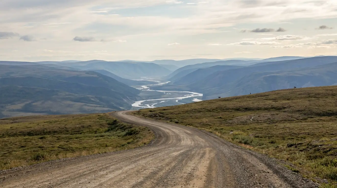 A gravel highway descending in long curves off a broad tundra plateau toward a vast river valley, rolling treeless hills layered into blue distance, soft northern afternoon light, the Peel Plateau Northwest Territories, ultrarealistic photograph representative of the region