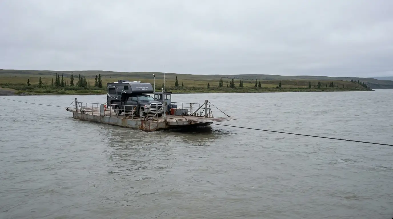 A small flat cable ferry loaded with a pickup and camper crossing a wide silty northern river, low tundra banks and spruce on the far shore, grey glacial water under overcast light, Peel River crossing near Fort McPherson Northwest Territories, ultrarealistic photograph representative of the region