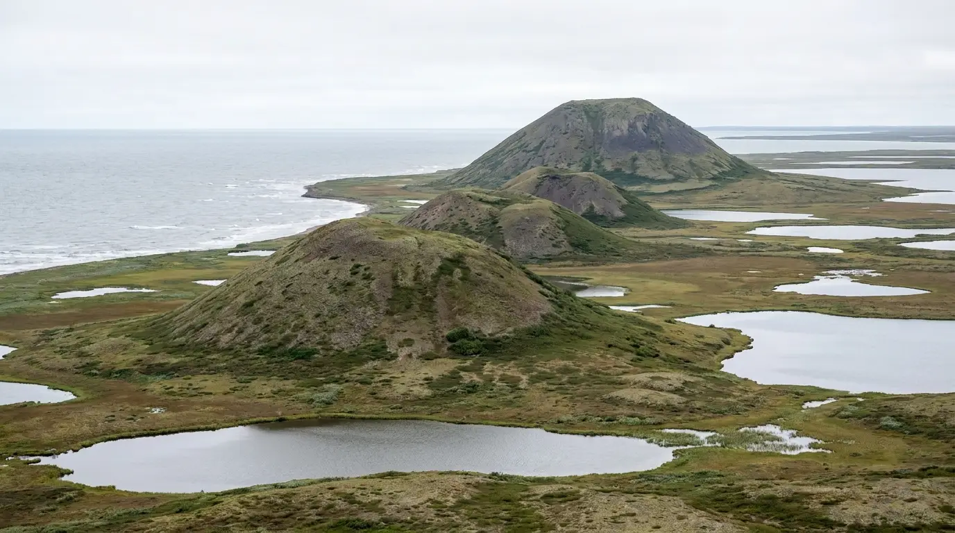 Conical ice-cored hills (pingos) rising abruptly from flat green-brown coastal tundra beside the grey Arctic Ocean, scattered small lakes reflecting a wide pale sky, the tallest pingo dominating the horizon near Tuktoyaktuk Northwest Territories, ultrarealistic photograph representative of the region