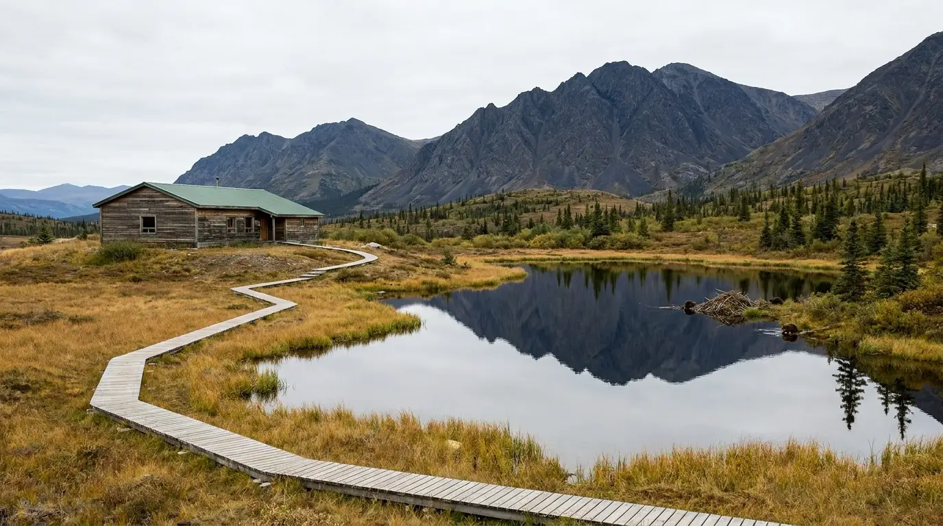A low timber interpretive-centre building with a boardwalk trail crossing golden tundra and a beaver pond, black granite mountains reflected in still water behind, subarctic willow and spruce under soft overcast light, Tombstone Territorial Park Yukon, ultrarealistic photograph representative of the region