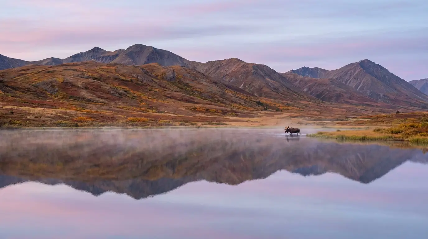 A calm tundra lake at dawn perfectly mirroring surrounding low mountains and autumn-colored shoreline, mist rising off the water, a distant moose feeding at the far shallows, cool quiet morning light, Two Moose Lake on the Dempster Highway Yukon, ultrarealistic photograph representative of the region