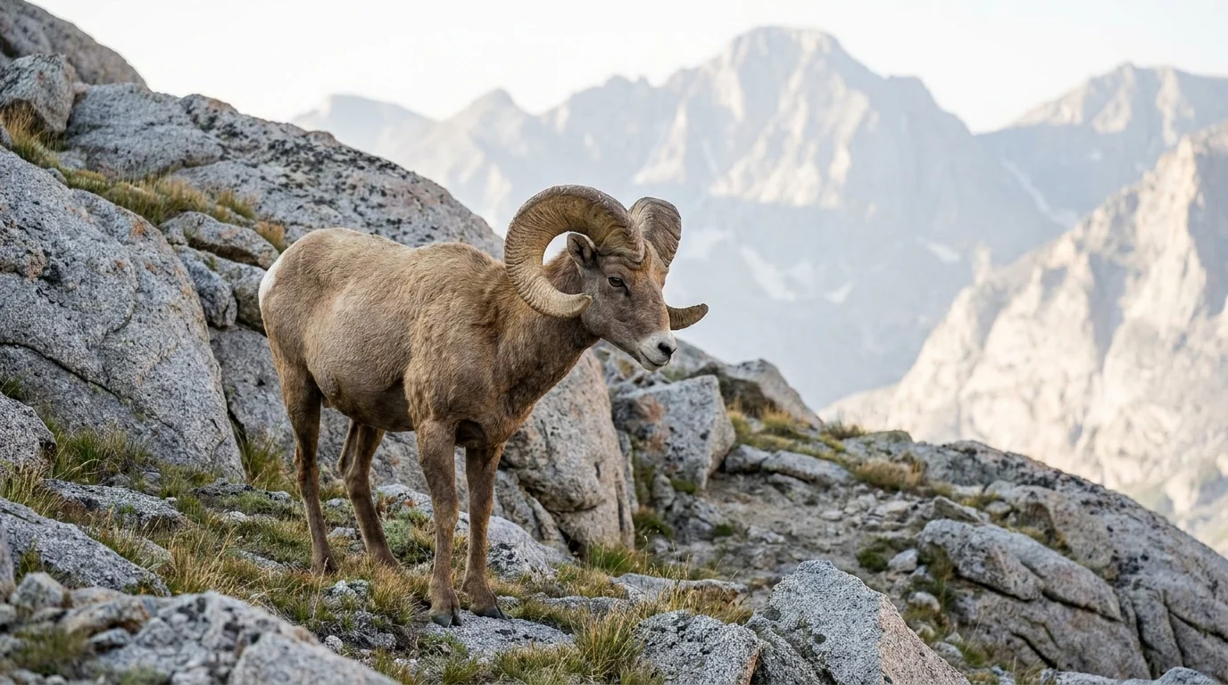 A Sierra Nevada bighorn ram with heavy curled horns standing on a rocky alpine slope, tawny coat against grey granite and sparse grass, high Sierra peaks in the hazy distance, soft morning light, Eastern Sierra California, ultrarealistic photograph representative of the region
