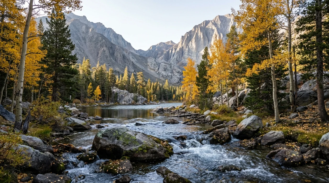 A high glacial canyon reservoir at 9,000 feet ringed with golden aspen and dark pines below sheer granite ridgelines, cold clear autumn morning, Bishop Creek Canyon South Lake Eastern Sierra California, ultrarealistic photograph representative of the region