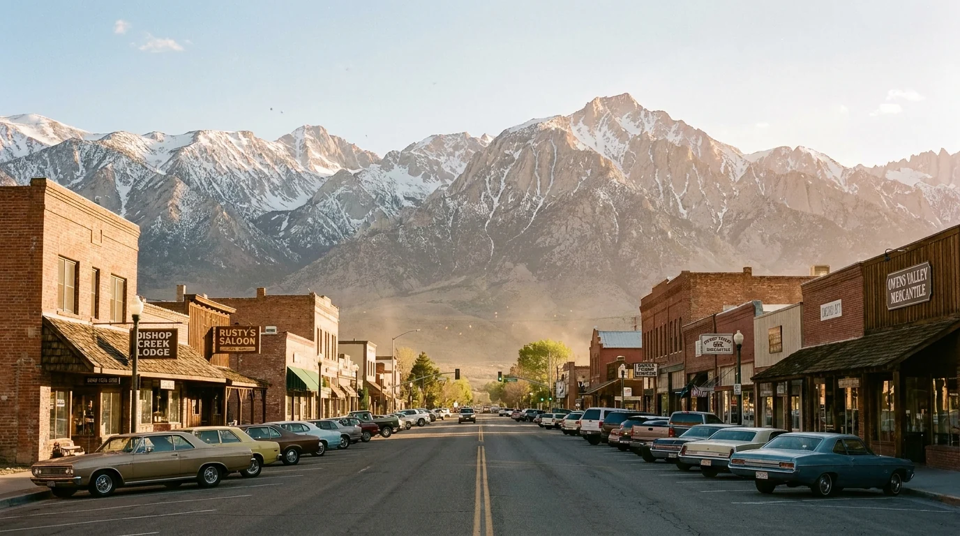 A wide small-town main street in a high desert valley with low storefronts and angled parking, the towering snow-capped Sierra escarpment filling the western skyline, warm late-afternoon light, Bishop California, ultrarealistic photograph representative of the region