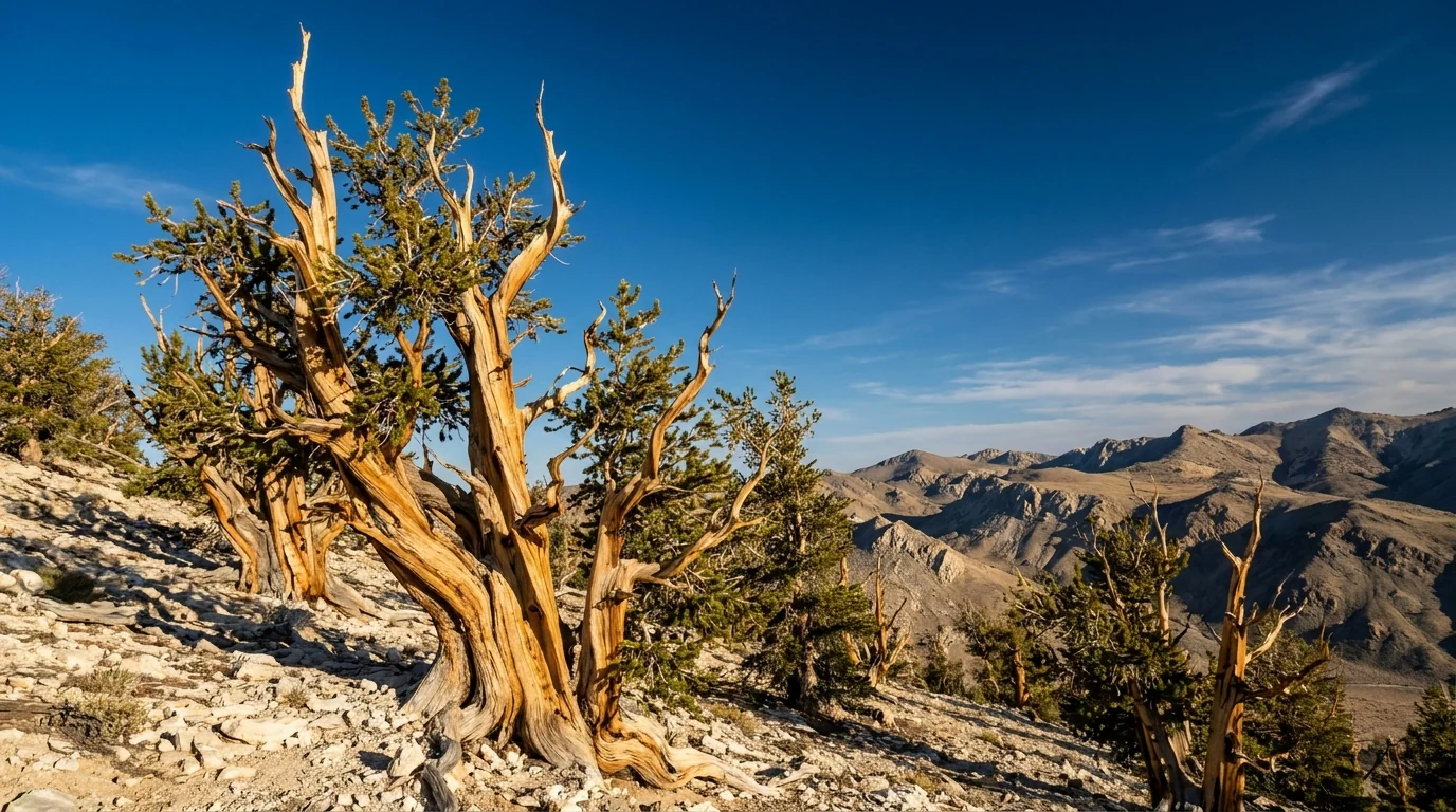 Ancient gnarled bristlecone pine trees with twisted weathered honey-colored bare wood and small living branches clinging to pale dolomite slopes above treeline, sweeping high-desert ridges and deep sky behind, White Mountains California, ultrarealistic photograph representative of the region