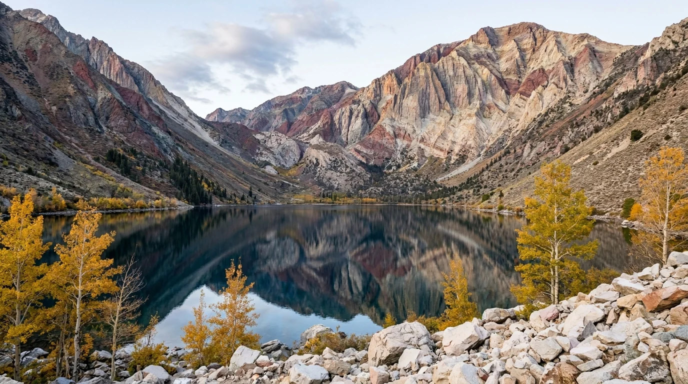A still deep-blue lake reflecting dramatically banded metamorphic mountain walls in bands of red, grey and cream, a shoreline of pale rock and scattered aspen, calm dawn light, Convict Lake Eastern Sierra California, ultrarealistic photograph representative of the region