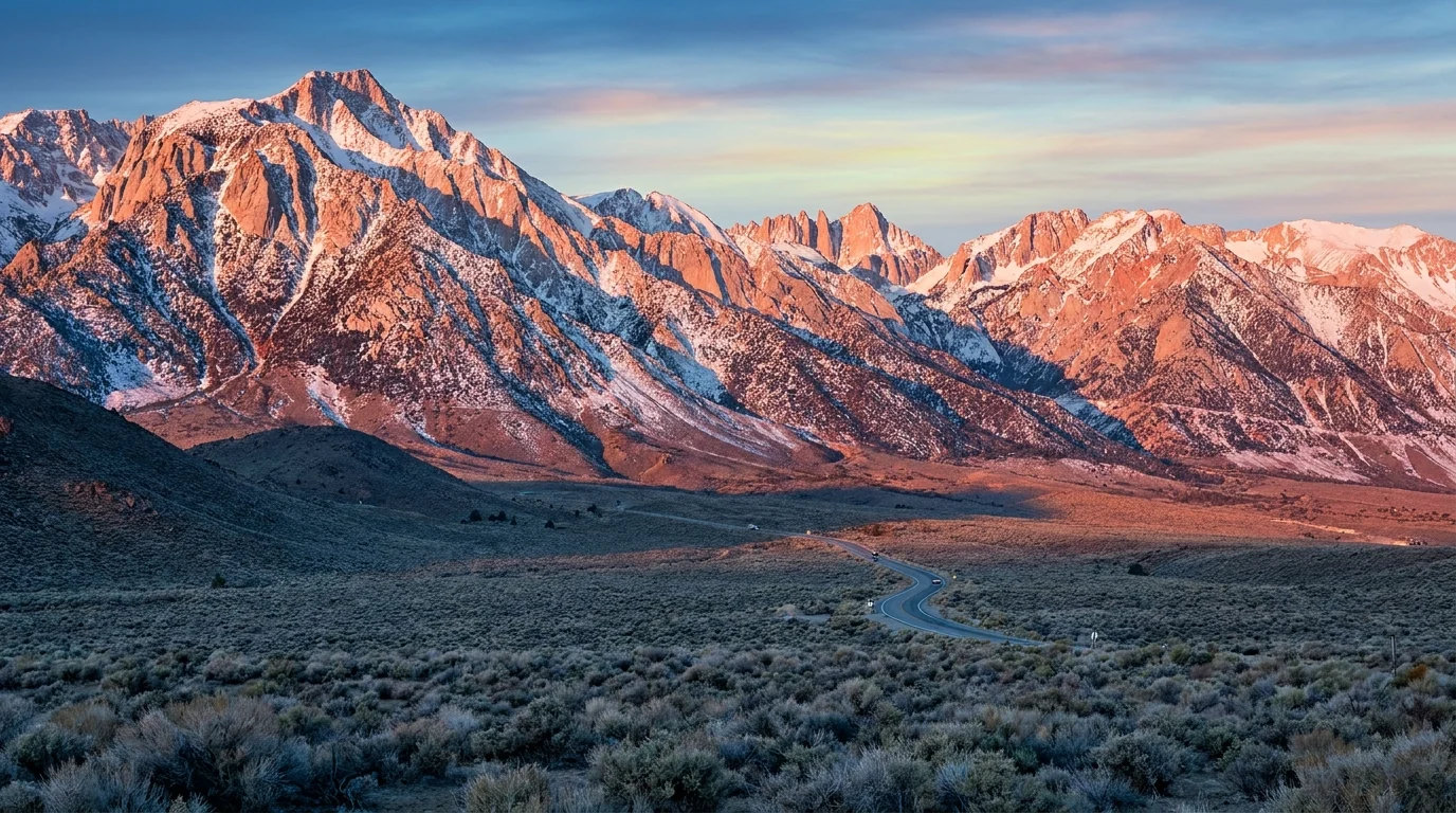 The jagged eastern escarpment of the Sierra Nevada rising abruptly from high-desert sagebrush at dawn, alpenglow on snow-streaked granite peaks with Highway 395 threading the valley below, Eastern Sierra California, ultrarealistic photograph representative of the region