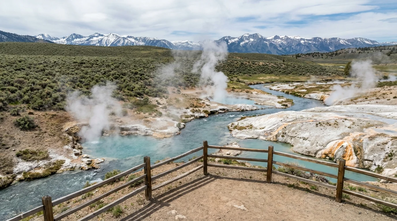 Steaming turquoise geothermal pools and fumaroles along a cold winding creek in a sagebrush caldera with white mineral crusts and a wooden warning fence, distant Sierra peaks, Hot Creek Geologic Site Mammoth California, ultrarealistic photograph representative of the region