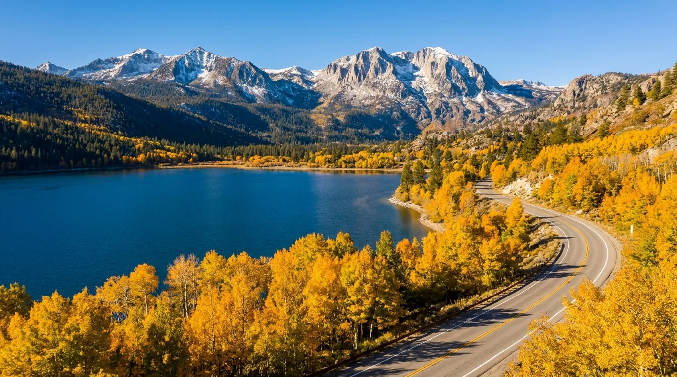 A mountain highway curving past a deep-blue alpine lake framed by dense golden autumn aspen with snow-dusted granite peaks behind, June Lake Loop Eastern Sierra California, ultrarealistic photograph representative of the region
