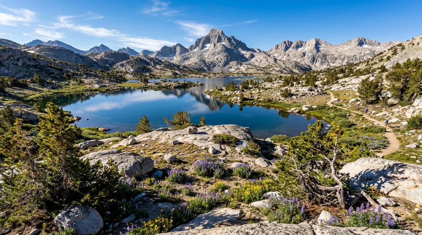 A gentle high alpine valley above 10,000 feet strung with clear trout lakes reflecting rugged 13,000-foot granite peaks, low granite benches and stunted pines, brilliant thin-air light, Little Lakes Valley Rock Creek Eastern Sierra California, ultrarealistic photograph representative of the region