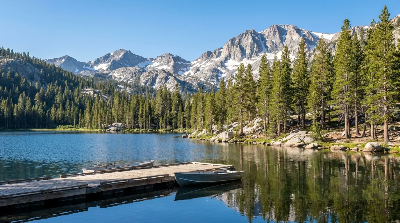 An alpine lake basin surrounded by lodgepole pines and steep glaciated peaks with a small wooden boat dock and calm water, clear summer morning, Lake Mary Mammoth Lakes Basin Eastern Sierra California, ultrarealistic photograph representative of the region