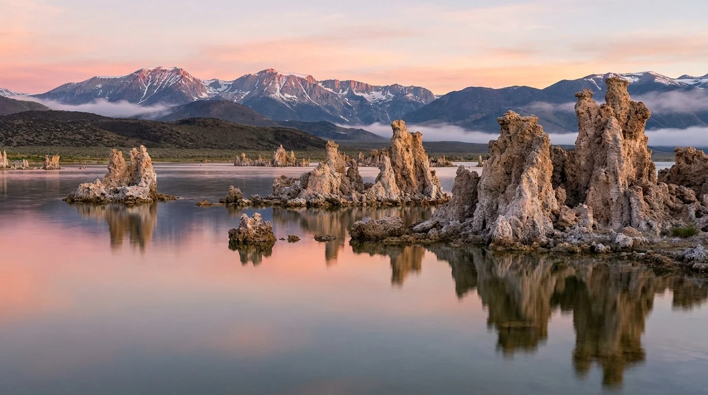 Knobby calcium-carbonate tufa towers rising from the still mirror surface of a vast salt lake at sunrise, soft pink and gold light with the Sierra crest beyond, South Tufa Mono Lake California, ultrarealistic photograph representative of the region