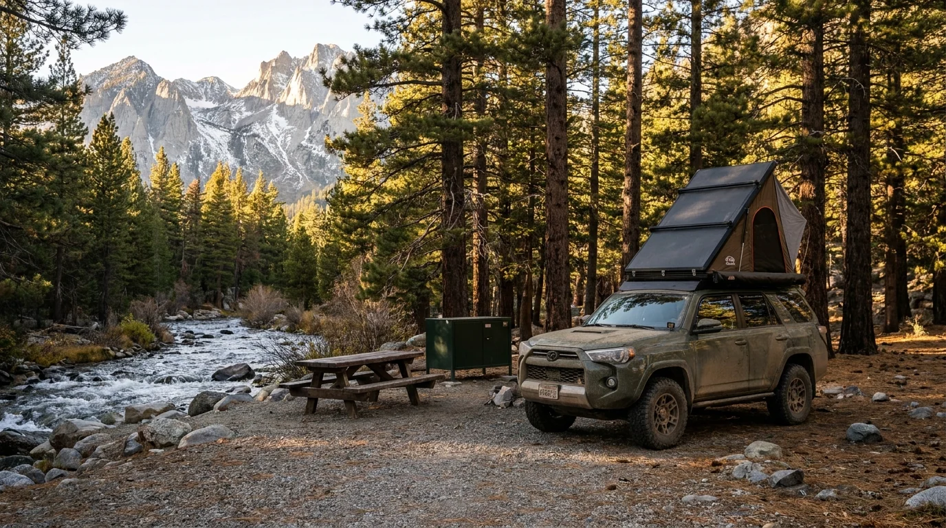 An overland rig with a rooftop tent at a quiet forested campsite among tall Jeffrey pines beside a rushing Sierra creek, a picnic table and a steel bear locker, snow-streaked granite peaks catching low golden light beyond the trees, Eastern Sierra California, ultrarealistic photograph representative of the region