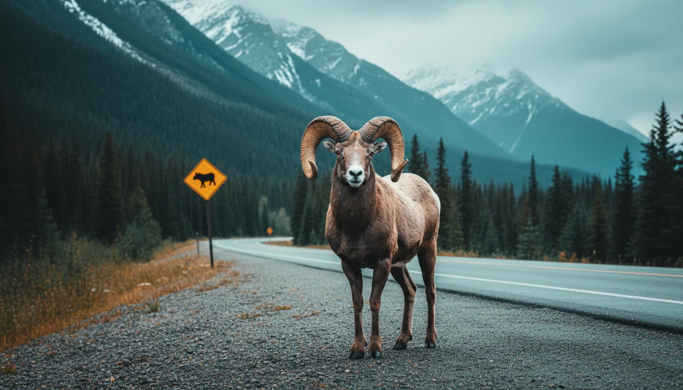 Rocky Mountain bighorn sheep beside Highway 3, illustrative render in the series style