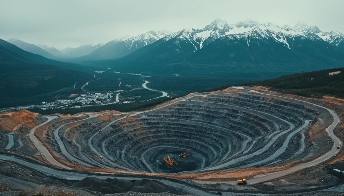 Metallurgical coal mining landscape with haul roads near Sparwood and Elkford, illustrative render in the series style