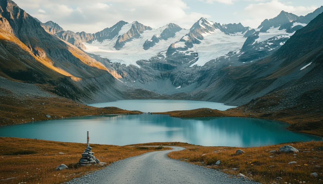 Remote alpine Elk Lakes at the head of the valley with rough gravel access, illustrative render in the series style