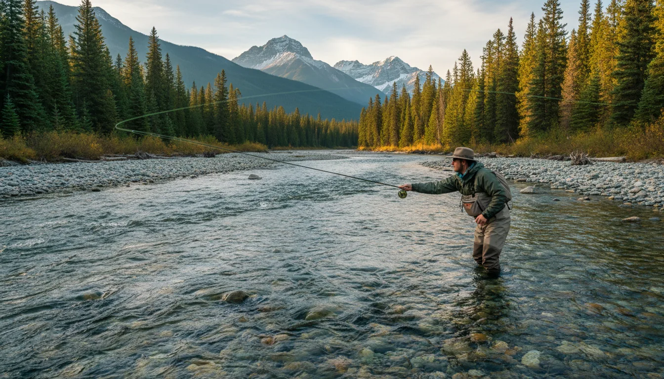 Fly angler working clear cutthroat water on the Elk River with mountains behind, illustrative render in the series style