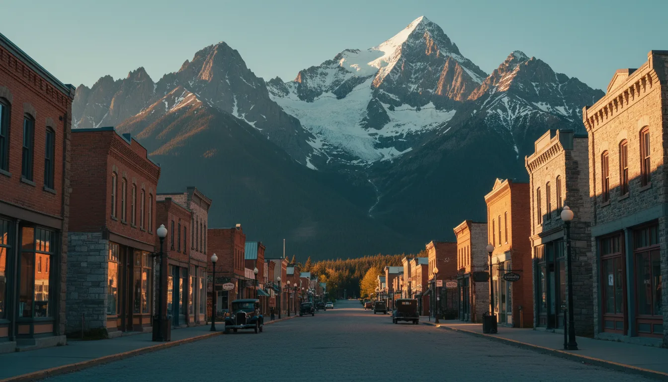 Historic brick-and-stone downtown Fernie under steep peaks, illustrative render in the series style