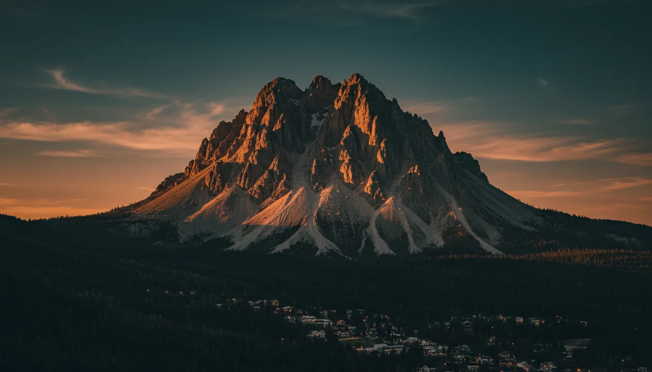 Mount Hosmer at sunset with long shadows raking across its face, illustrative render in the series style