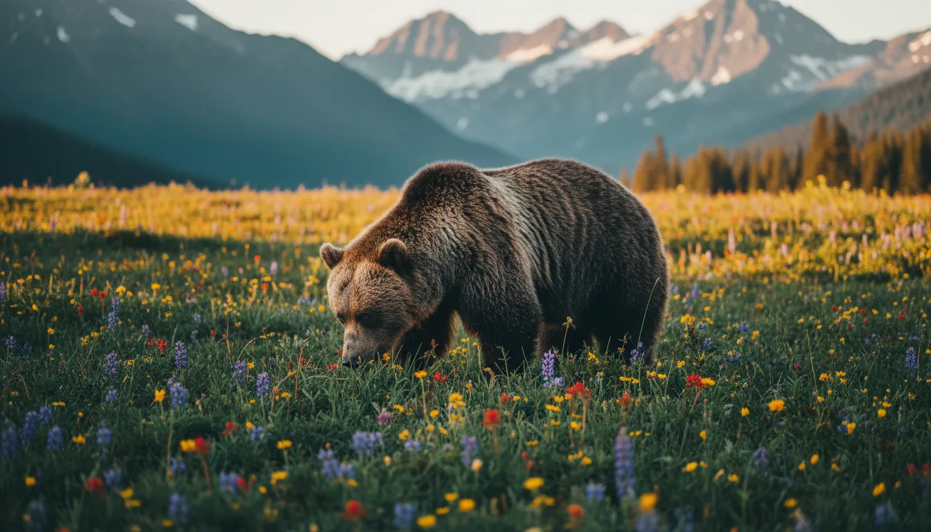 Grizzly bear in the Elk Valley wildlife corridor, long lens, illustrative render in the series style