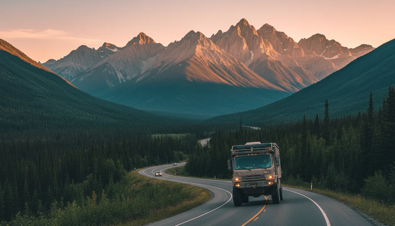 Overland rig descending Highway 3 off the Crowsnest into the Elk Valley at golden hour, the Lizard Range walling the far side