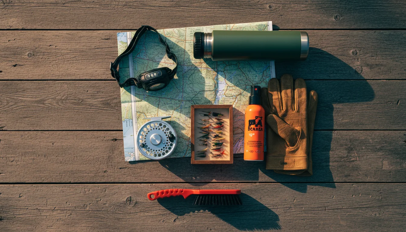 Overhead flat lay of cross-provincial overlanding kit: BC fishing licence, bear spray, winter-tyre and DriveBC nods, maps, illustrative render in the series style