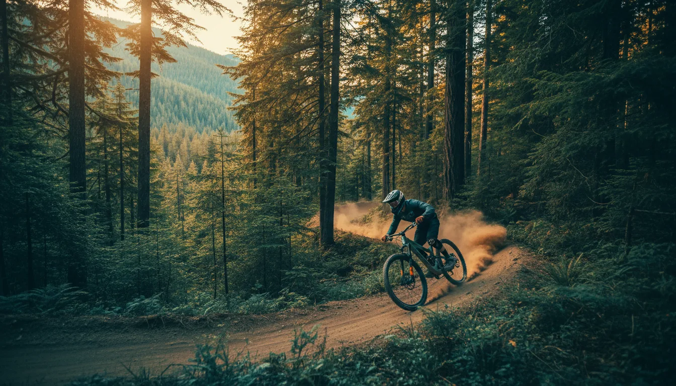 Mountain biker on a forested Fernie flow trail, illustrative render in the series style