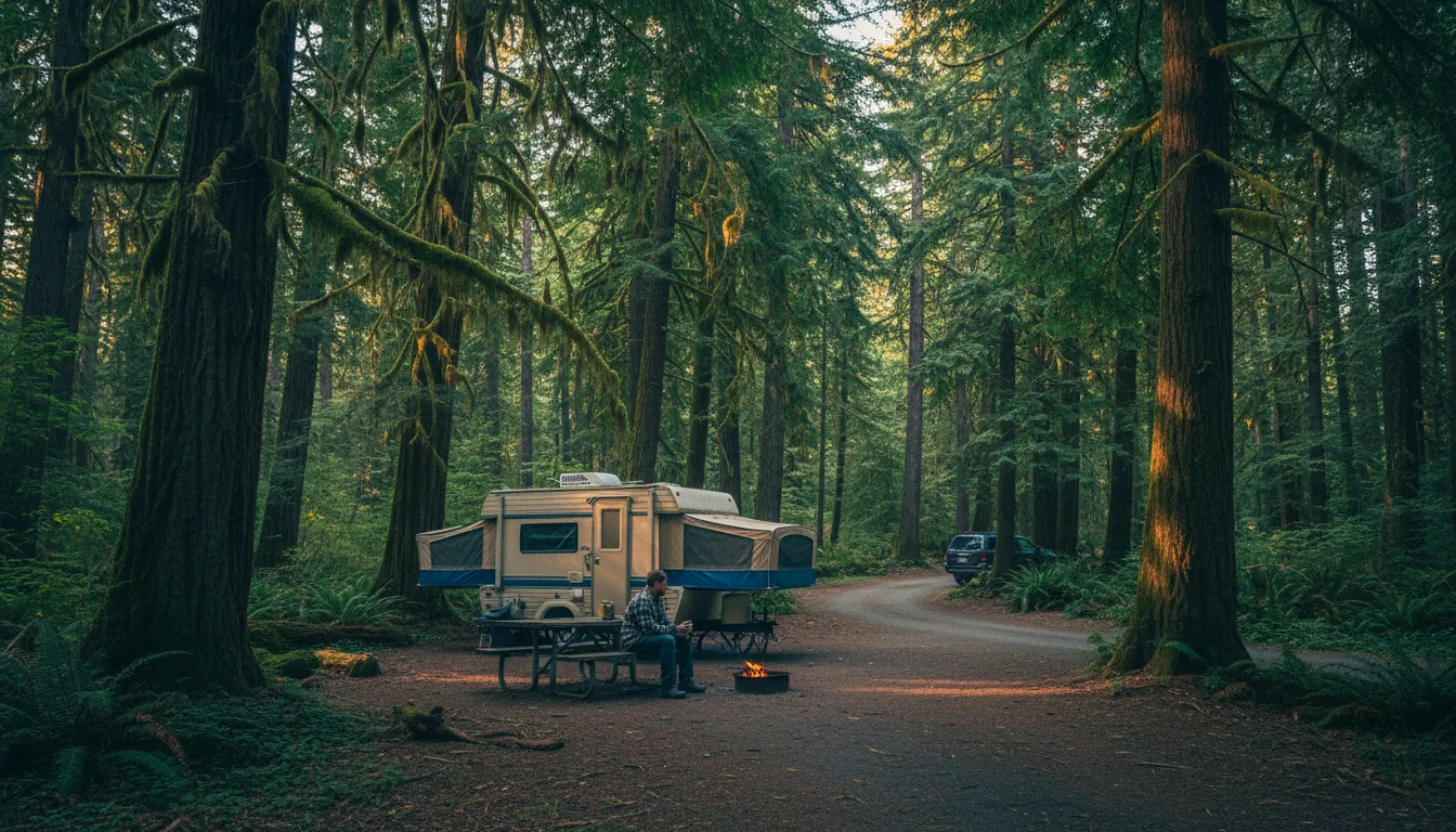 BC Parks campground in cedar forest at Mount Fernie Provincial Park, illustrative render in the series style