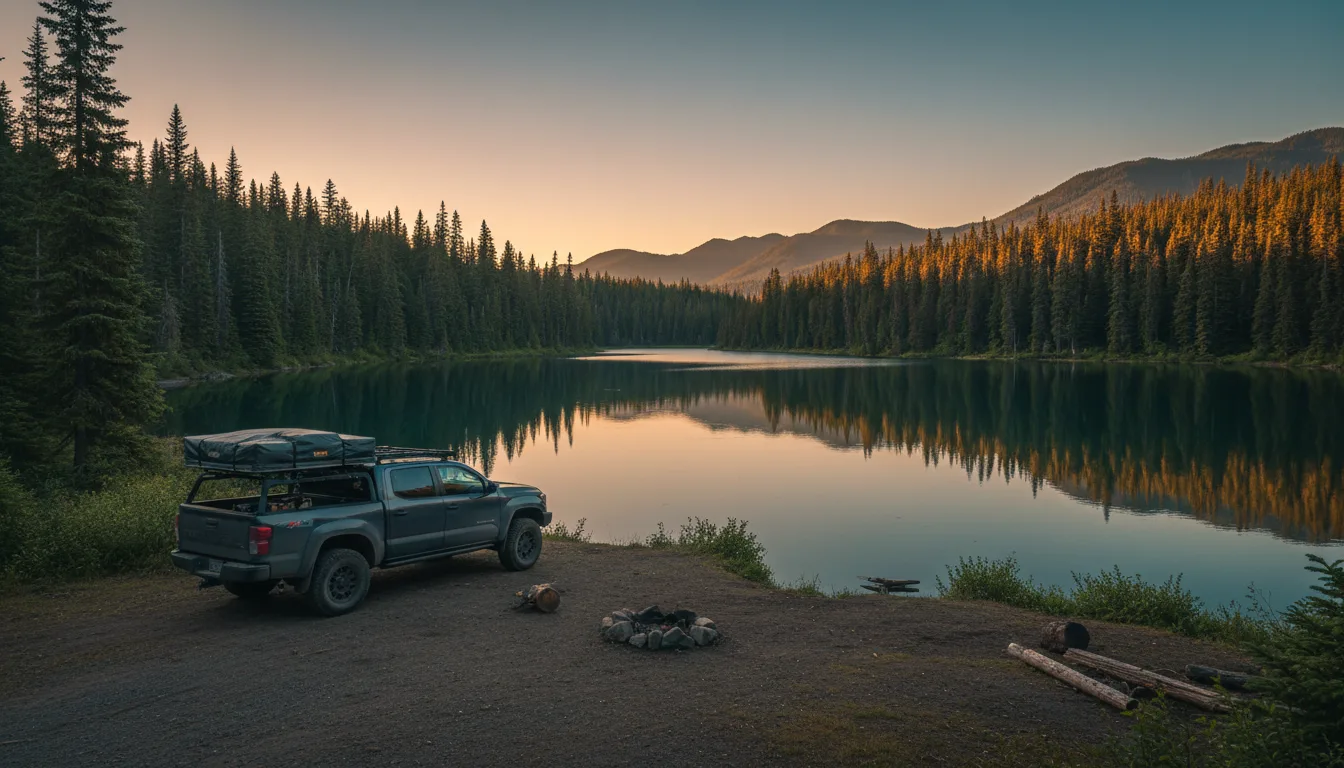 Free Crown-land recreation-site camp beside a forest-service-road lake, illustrative render in the series style