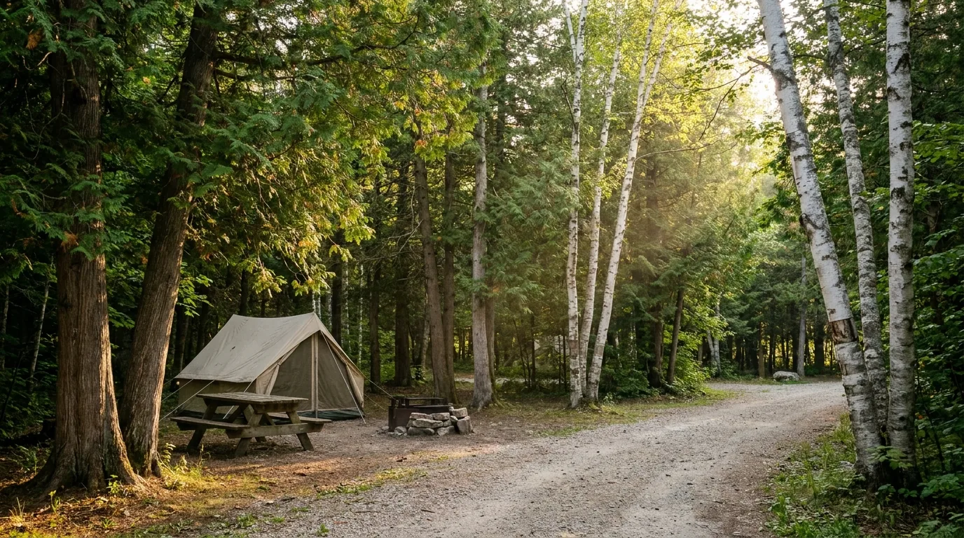 A quiet forested drive-in campground among mixed cedar and birch trees with a tent, picnic table and fire pit at an unserviced site in dappled evening light, Cyprus Lake Bruce Peninsula Ontario, ultrarealistic photograph representative of the region